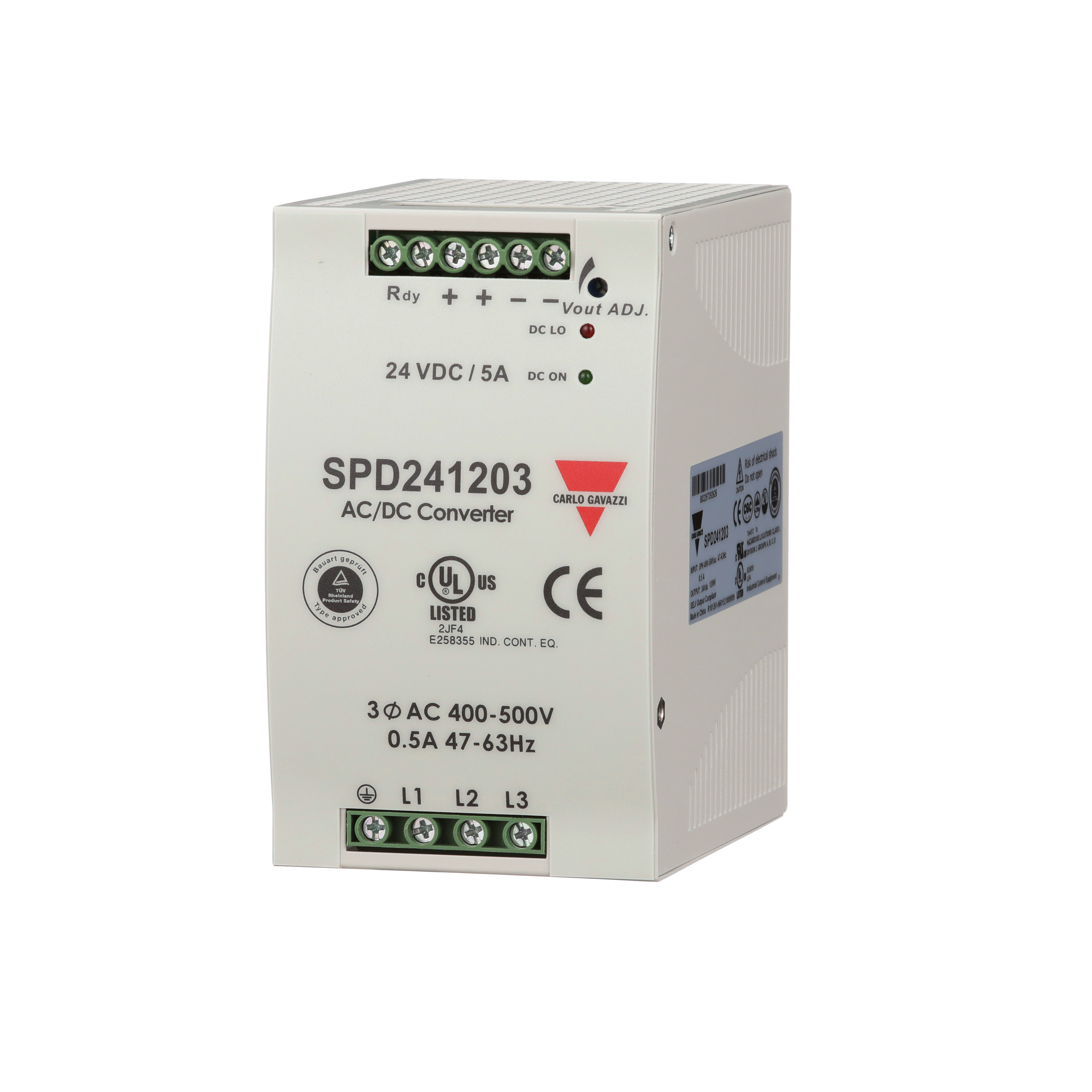 Carlo Gavazzi Switching Power Supply; 24VDC OUT; 5A; 340-575VAC / 480-820VDC IN; 3-Phase; DIN Rail Mount